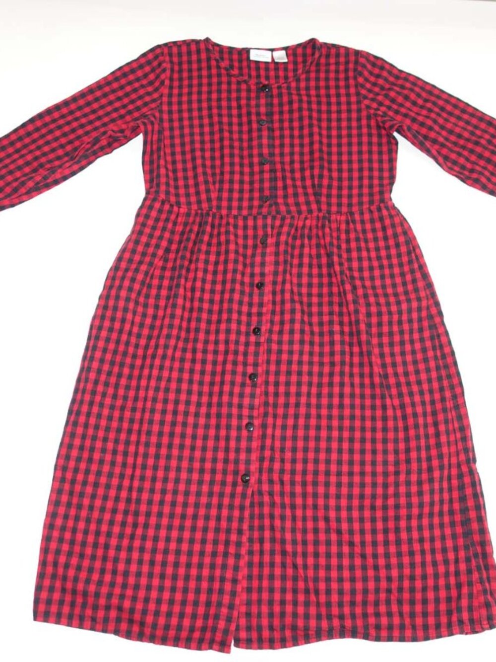 The Vermont Country Store Women's Shirt Dress Large 3/4 Sleeves Red Black Plaid